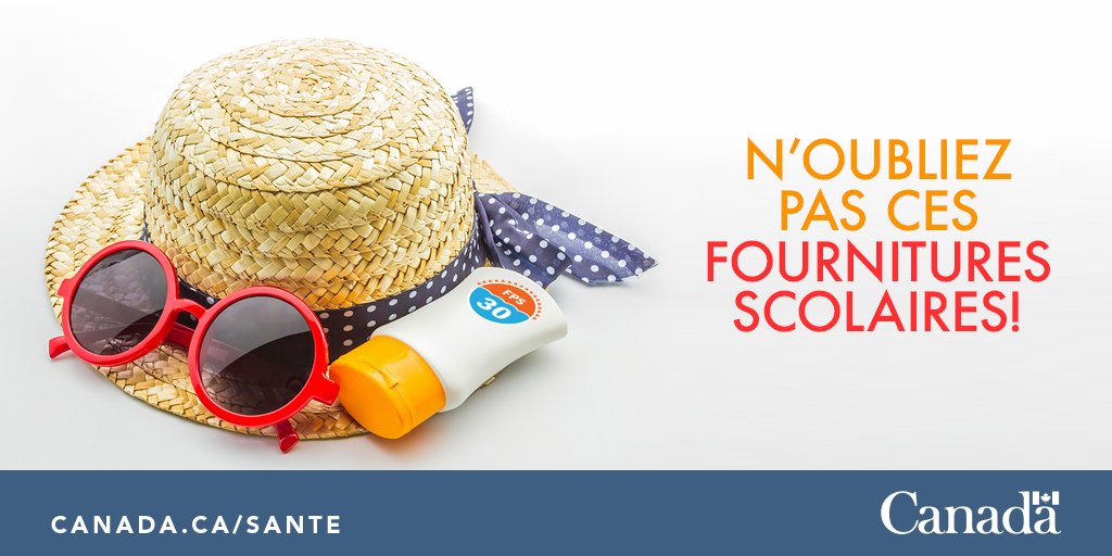 GouvCanSante's tweet image. Pour la #RentréeScolaire de vos enfants, n’oubliez pas de prévoir un chapeau, des lunettes de soleil et un #ÉcranSolaire! Rappelez-leur d’appliquer de l’écran solaire avant la récréation. ow.ly/UWTw50BhtXb 
 #ProtectionSolaire