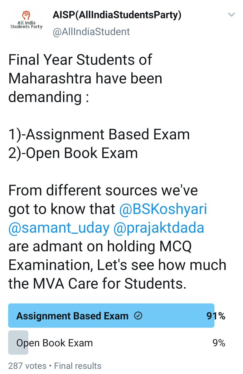 AllIndiaStudent's tweet photo. It's been 6 Months, Every Political Party has been politicising the issue of Final Year Students Examination, @BJP4India has lost all it's respect in the student community, Will @ShivSena @AUThackeray @samant_uday @prajaktdada over politics really understand what students want? https://t.co/shDBfe6REH