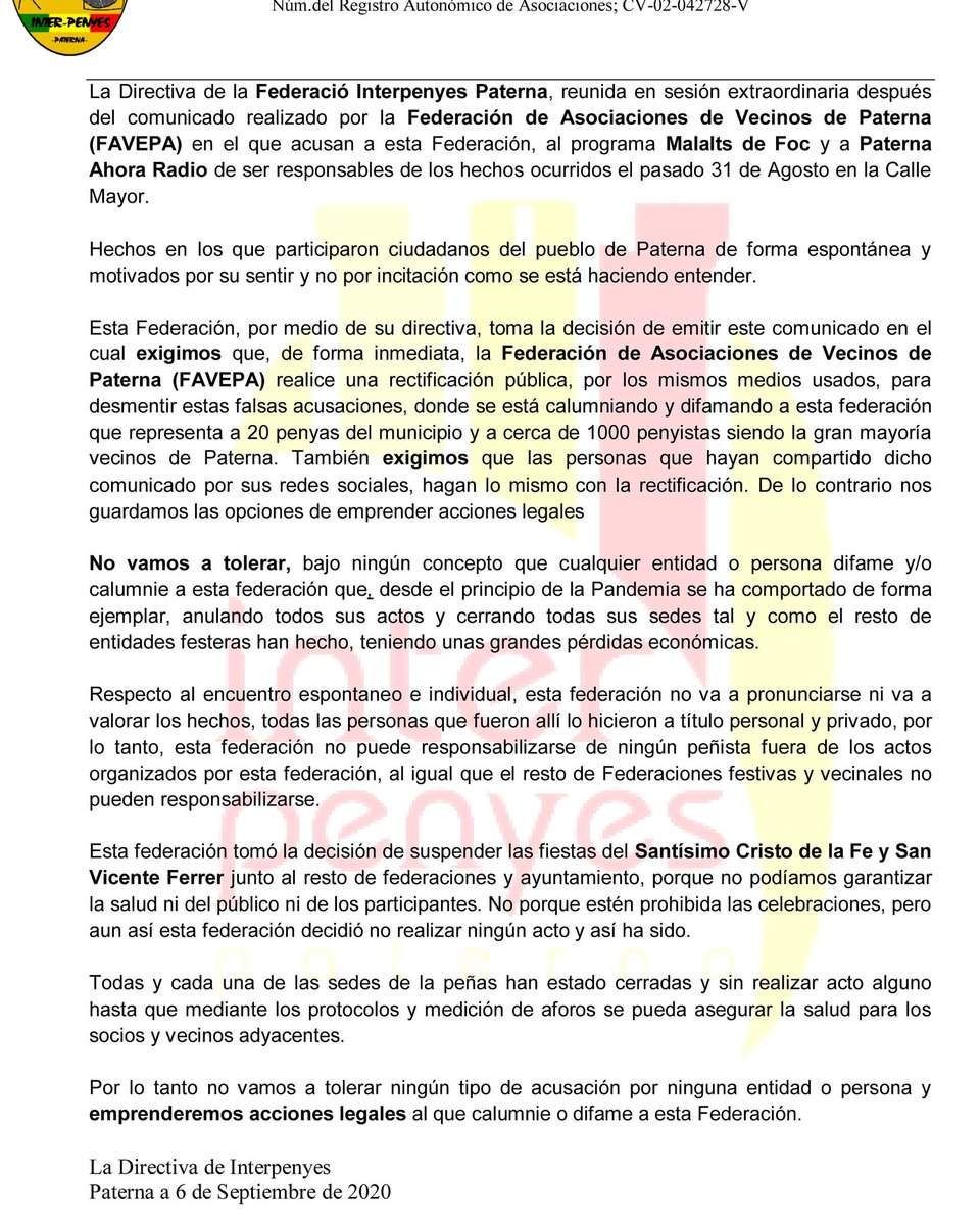 🚨 COMUNICAT DE LA FEDERACIÓ INTERPENYES PATERNA 🚨.

🚨 COMUNICADO DE LA FEDERACIÓN INTERPENYES PATERNA 🚨 .

#Paterna