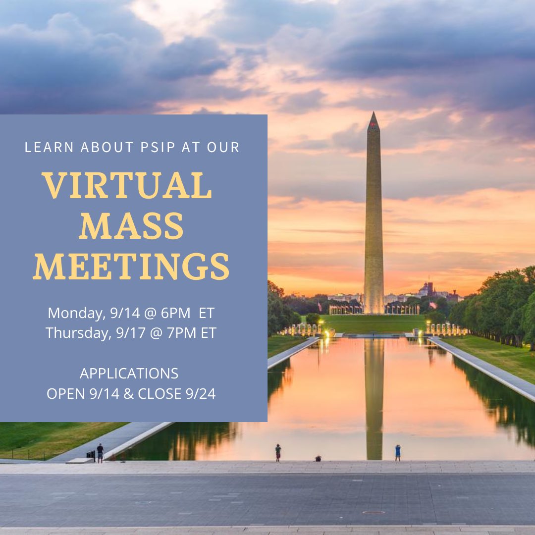 psip_umich's tweet photo. Join us and learn about PSIP at our virtual mass meetings 9/14 and 9/17! Fill out the interest form in our bio to receive the Zoom link. 

Also, applications open 9/14! Keep an eye out for all the details coming soon 👀

#GoBlue #PublicService #UMich https://t.co/rELJvLjrnx