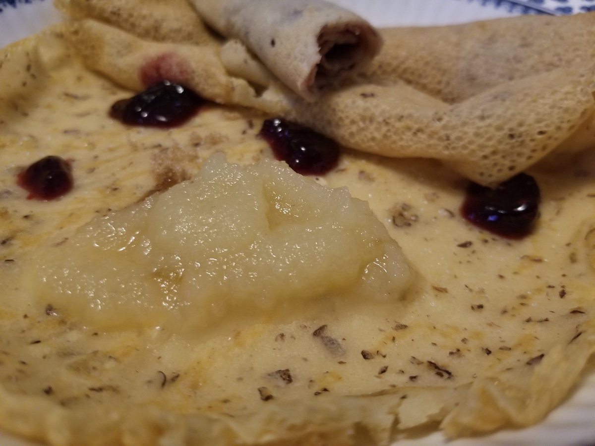Breakfast, Pönnukökur, a crepe-like pancake inspired by the Northern Kingdom (Iceland). The perfect vehicle for the jams and preserves that fill a Hobbit's pantry.  #LOTRFeast