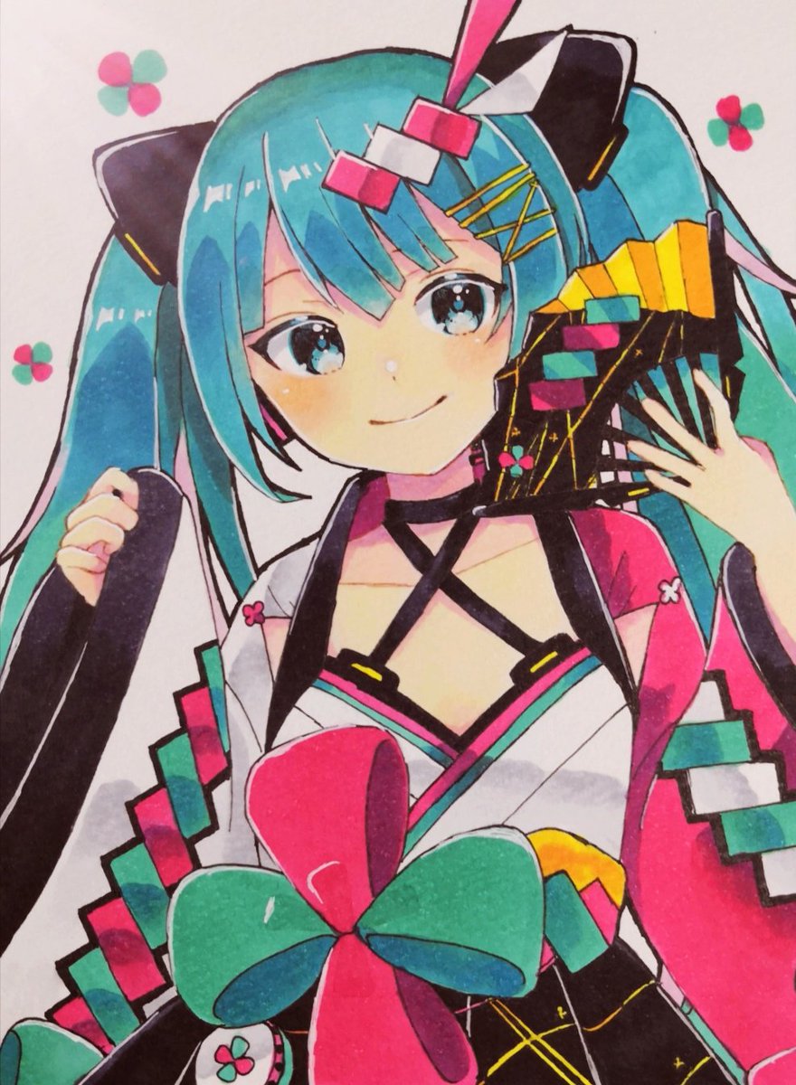hatsune miku ,magical mirai miku 1girl solo smile holding fan holding hair ornament hand fan  illustration images