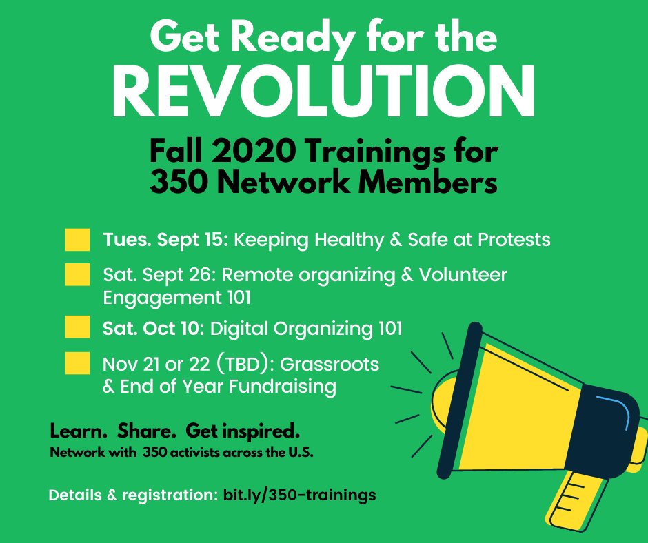 350COAction's tweet photo. Calling all organizers! It’s time to Get Ready for the Revolution! 
Join 350 groups across the US for a series free online trainings on safe protesting, remote volunteer engagement, digital organizing, and grassroots fundraising. Sign up for one or all 4! https://t.co/tiTc6IGxAI https://t.co/OMJj6A0qdR