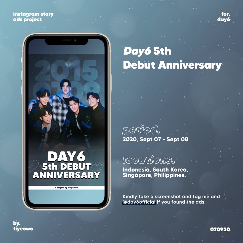 ✨INSTAGRAM ADS FOR DAY6 5TH DEBUT ANNIVERSARY ✨

This advertisement will be posted on Instagram through @/adsforday6 at 12 PM (KST)

And thankyou @MyHottestDay for the picture🥰

#데이식스_마이데이_5년째_진득해
#Day6_5years_to_Forever
@day6official