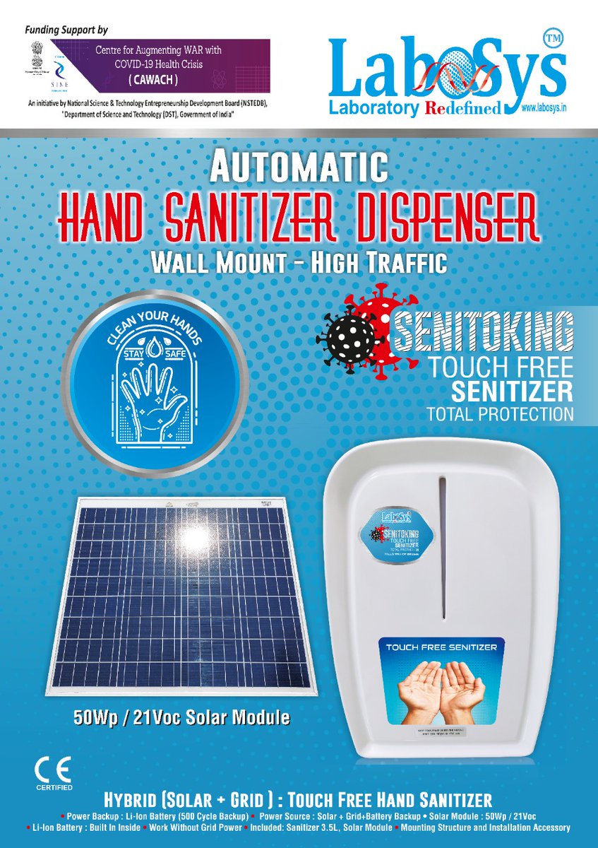 Luxlighting6's tweet image. labosys.in
Automatic Touch Free Hand Sanitizer for offgrid school, public heatlh centre, high traffic places.
#isa #CLEANnetwork #googla #lightingafrica #mnre #seci #ifc #engie #ficci #cii #cawach