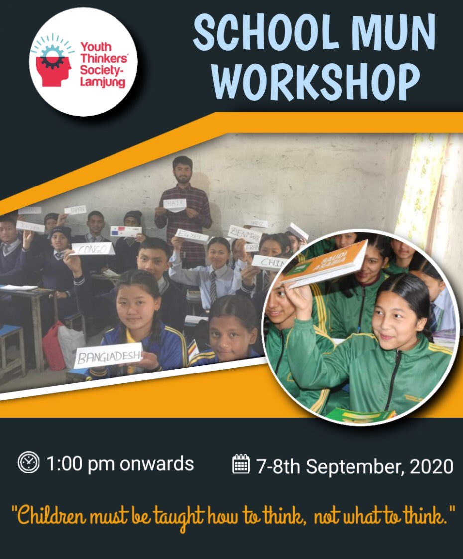 YTSLamjung's tweet photo. Youth Thinkers' Society-Lamjung is pleased to announce it's first virtual school MUN workshop summing up students from different schools of Lamjung and Tanahu on 7th and 8th September.
Have a beautiful experience of virtual FUN MUN.
#SchoolMUN
#YTSLamjung https://t.co/BgmP2LVsaq