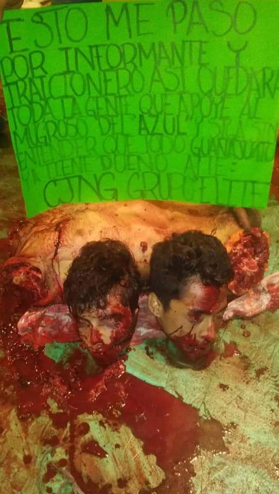 ElPerro11218540's tweet photo. Continúa la brutal guerra entre el #CJNG #ElMencho y el #CSRL en Guanajuato.

Dejan 2 descuartizados presuntos con mensaje dirigido a #ElAzul.

Firma #GrupoÉlite https://t.co/k1hkNqxCUP