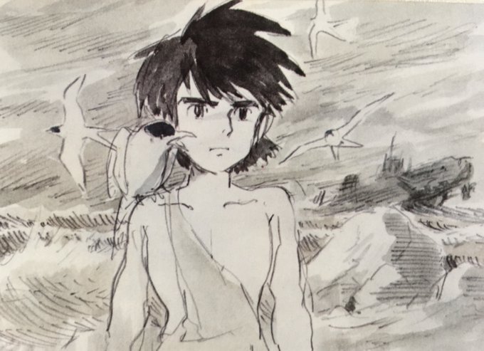 放送中止なのでオマケを。
画像は制作初期に描かれたコナンとラナのイメージボード。
コナンはアレクサンダー・ケイの原作通り、アジサシのティキィと話せる17歳の野生的な少年というイメージ。完成形とはかなり異なります。
ラナは髪は三つ編みのおさげで可憐なイメージ。
#未来少年コナン #宮崎駿 