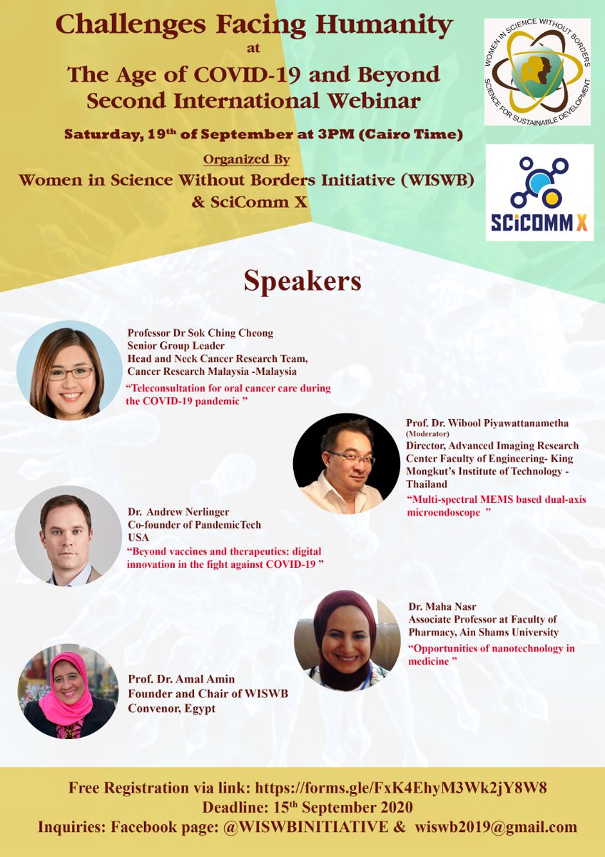 wiswb2018's tweet photo. The second webinar of the Saturday science webinars  in partnership with SciComm X
Challenges facing humanity at the age of COVID-19 and beyond
19 September 2020 at 3 PM (Cairo)
Registration:
https://t.co/sLcfJ0joFn
Registration deadline: 15 September
See: https://t.co/gpuQhHFsbe https://t.co/OGfDhBEVJu