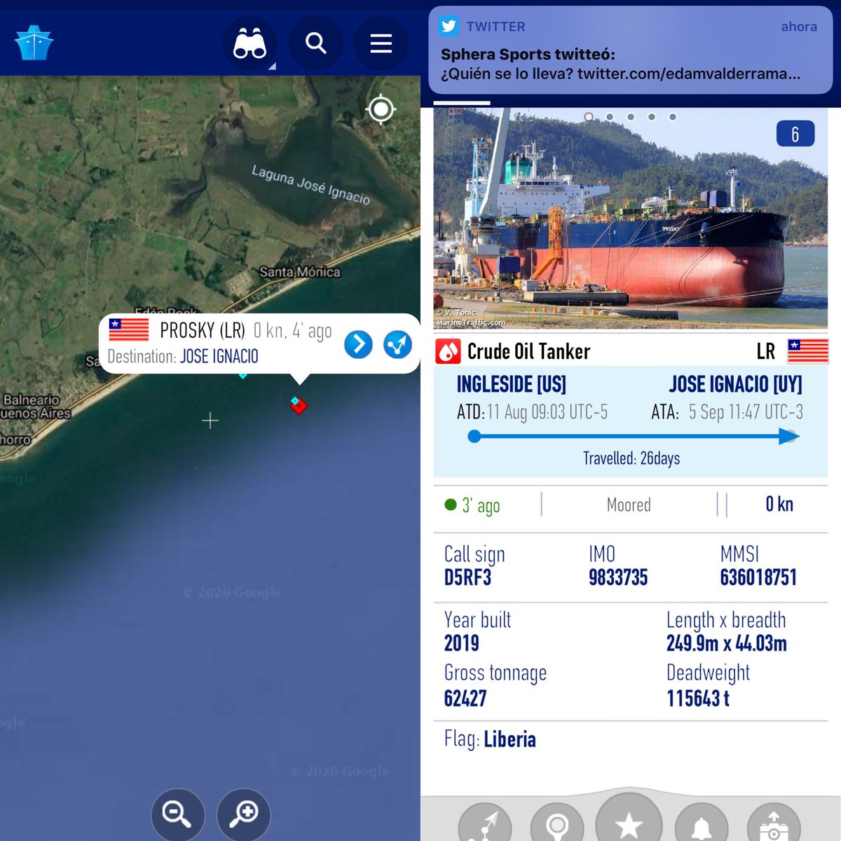 emepege's tweet photo. El #buque #petrolero #Prosky de #Lberia descarga #petroleo en la #boya petrolera de @AncapUruguay #Uruguay compra unos veinte millones de barriles de crudo cada veinte días #crudo #tankers #oil #brent Fuente @MarineTraffic https://t.co/8fMJxBY5fj