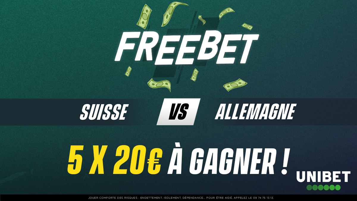 UnibetFrance's tweet photo. ⚽ 5 x 20€ à gagner ! Combien de buts seront inscrits dans le match Suisse - Allemagne ? 

➡ RT + #FreebetUnibet + Pseudo. 
⏰ Fin du jeu à 20h45. 
🍀 TAS lundi. https://t.co/ms5msaAg4E