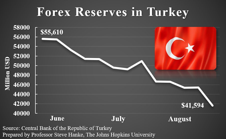steve_hanke's tweet photo. In an attempt to prop up the sick #lira, #Turkey is burning through its #ForeignExchange reserves. Gross reserves currently stand at USD 41.59 billion, the lowest level since September 2005, and net reserves are actually negative. The lira is toast. https://t.co/ALyjEy9fSP
