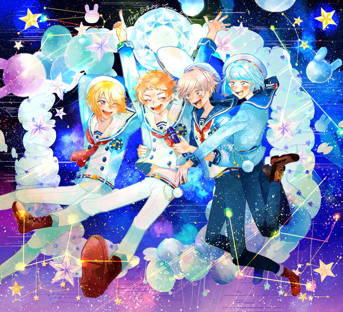 multiple boys male focus blue hair blonde hair star (symbol) orange hair hat  illustration images