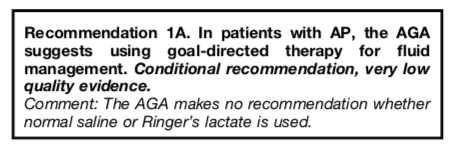 4/ Given the lack of solid ground, the latest AGA guideline has safely stated that a ‘goal-directed therapy for fluid management’ is conditionally recommended for acute pancreatitis. Graded with very low quality evidence.