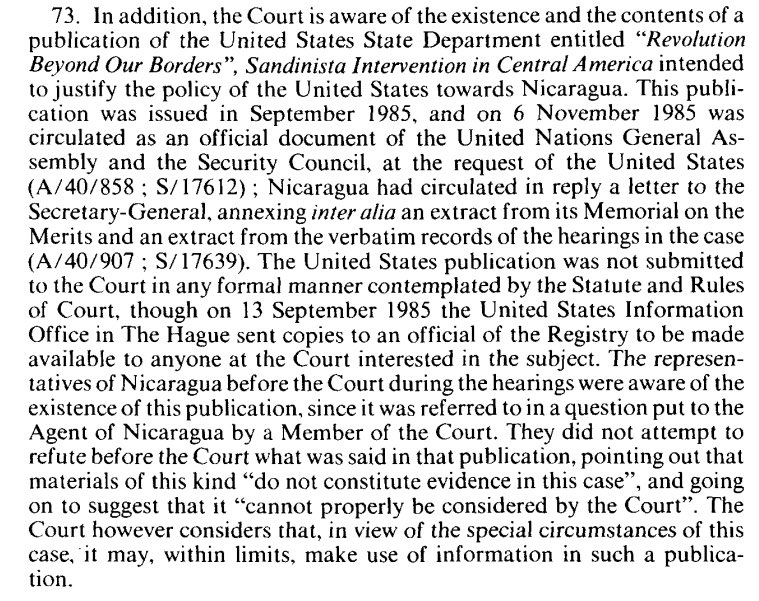 However, with  #Venezuela’s non-appearance, the legal issue may be more complex. In the  #Nicaragua case, the  #ICJ was indeed willing to consider a document circulated by the  #US (but not submitted pursuant to the ICJ Rules) around the time of the oral proceedings. 5/