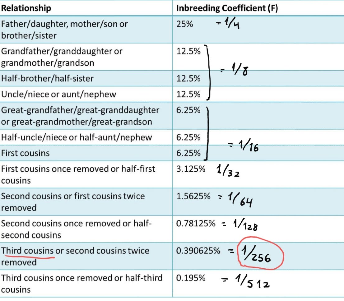This table contains the inbreeding coefficient depending on the relationship they have.