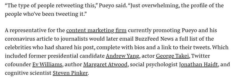 3/10 This article was then touted by leaders, celebrities, and scientists as evidence that lockdowns were necessary. https://www.buzzfeednews.com/article/ryanhatesthis/im-not-an-epidemiologist-but-the-rise-of-the-corona