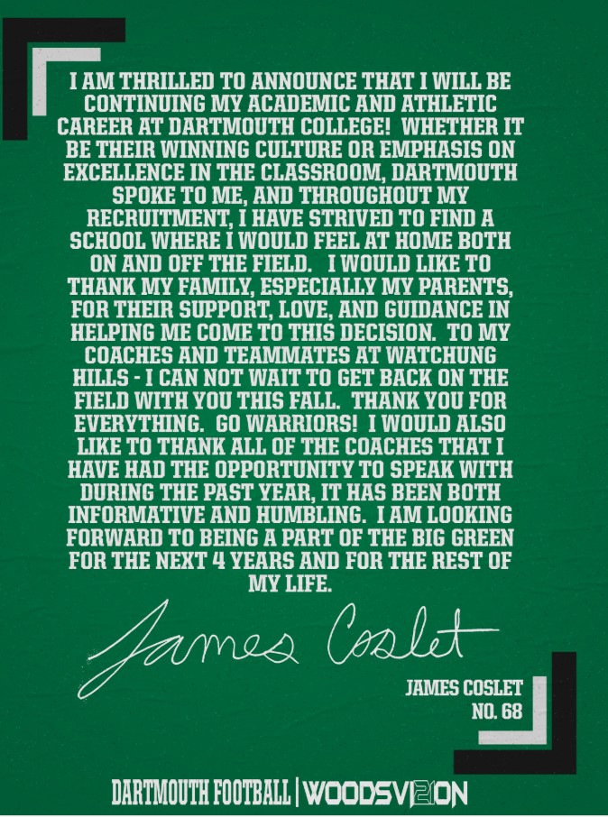 CosletJames's tweet photo. 🟢⚪️COMMITTED!!! 🟢⚪️  #WOODSVI21ON #THEWOODS @DartFootball  @BTeevens @coach_dobes @coachkeithclark @RichSeubert69 https://t.co/0fvXyDMnwd