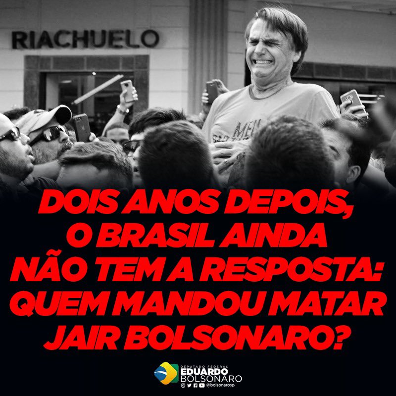Hoje faz 2 anos da tentativa de assassinato de @JairBolsonaro, então candidato. Graças a Deus e à ajuda de muitas pessoas, como médicos, enfermeiros, PF e anônimos ele sobreviveu. Mas as respostas ainda não apareceram.

QUEM MANDOU MATAR JAIR BOLSONARO?
#QuemMandouMatarBolsonaro