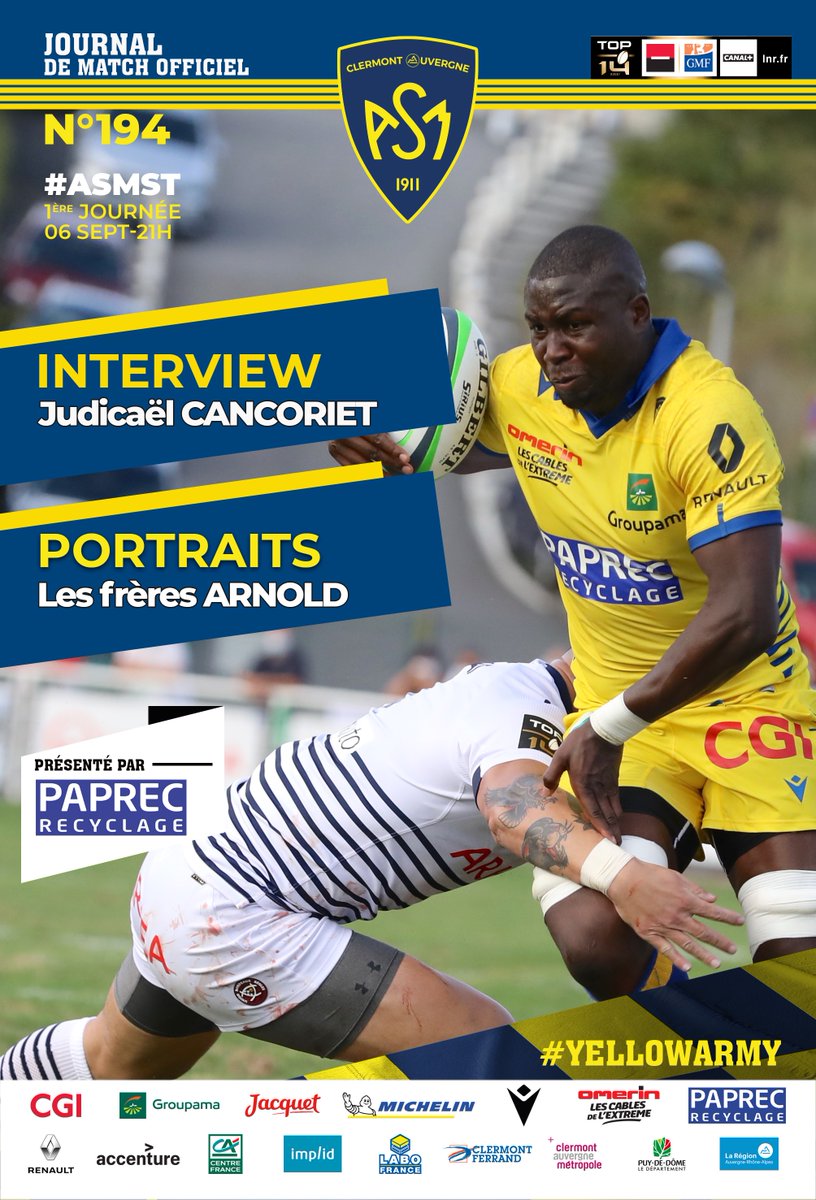 ASMOfficiel's tweet photo. #JournalDeMatch #ASMST C'est le troisième ligne clermontois @JCancoriet qui présente la rencontre face au @StadeToulousain dont le coup d'envoi sera donné à 21 heures sur la pelouse du #Michelin 
#YellowArmy 
👉https://t.co/TocmwGCWwp https://t.co/71Zc6axzsL
