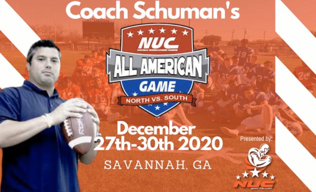 coachschuman's tweet photo. @jergotti You are invited to Coach Schuman’s NUC All AMERICAN  Game In December . You Can Register At https://t.co/KCwDdqKrC2 using code football19 for 50% off for invited athletes. Event info at https://t.co/EFW7l9H9ue https://t.co/09VDIBYgzs
