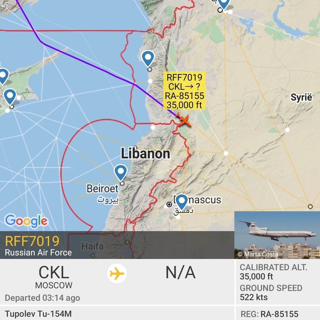 Gerjon_'s tweet photo. Russian Air Force Tupolev Tu-154M reg. RA-85155 #RFF7019 from 🇷🇺#Moscow heading for 🇸🇾#Damascus, #Syria?
Cc. @FireFlying11? https://t.co/C1ULsf5rUT