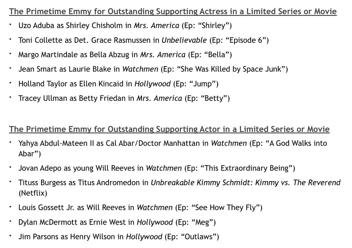 The 2020 Emmy nominees for Outstanding Supporting Actress and Supporting Actor in a Limited Series or Movie. Rank the nominees in order of your preference.

Additionally, list a snub who you believe should have gotten a nomination.

#SupportingActress #SupportingActor #Emmys2020