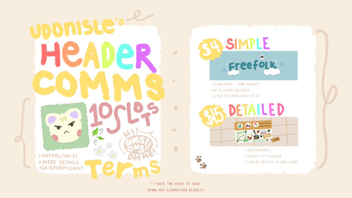 udonisle's tweet photo. [ rts appreciated ]

— my commissions are now open! i'll be opening 10 slots for the meantime, but depending on the demand, i may open a waitlist to accommodate others!

thank you for your support! ♡

🌱 slots: https://t.co/6NudnmNnJy

#acnh #acnhart #art #artph #commissionsopen https://t.co/3CipcCIjHU