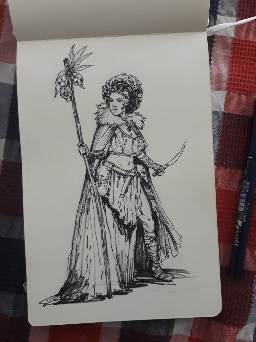 davidffpinto's tweet photo. Quick after lunch random character sketch to try out the new Fudenosuke. Pretty fun to work with!
#sketchbook #sketch #lineart #ink #inkdrawing #drawing #characterart #characterdesign #fantasy #witch #sourceress #woman #skulls #knife #robe #afro https://t.co/Rg3qAbwyGH