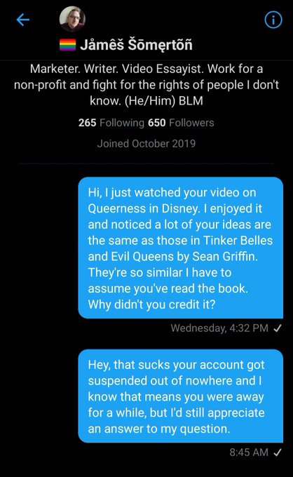 Until yesterday, there was no mention of Tinker Belles in the video nor in the description on Youtube. I asked Somerton through DMs, a Youtube comment, and a public Twitter reply why he didn't credit it. He responded only to my Twitter reply that he would add it.