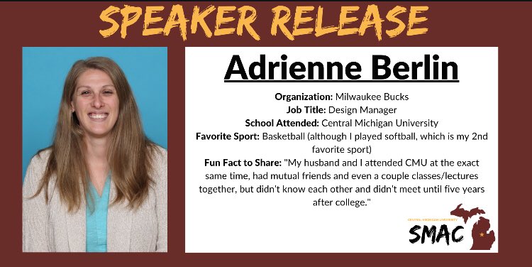 smac_cmu's tweet photo. 🚨 SPEAKER RELEASE 🚨
Please meet CMU Alum, Adrienne Berlin, the Design Manager from the Milwaukee Bucks! We are so excited to have her speak at SMAC on December 6!
.
.
#smac #cmu #cmusmac #cmusma #sports #sportmanagement #sportsconference #cmusmac2020 https://t.co/5SFeW0E0Jm