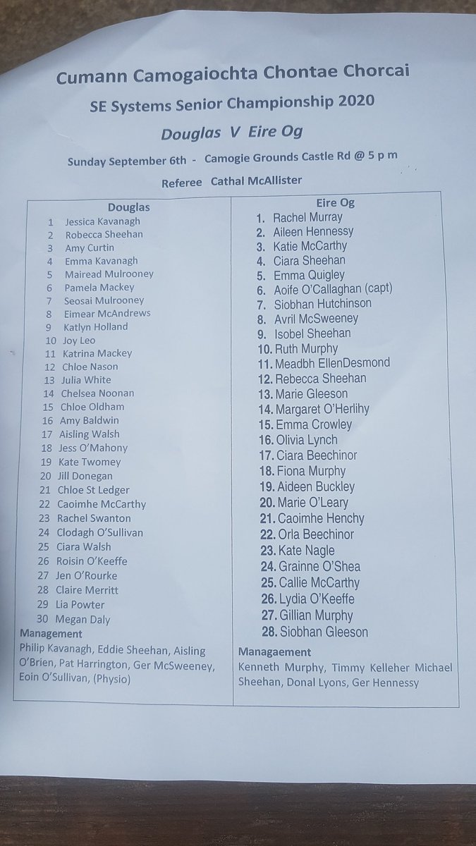 EireOgCC's tweet photo. Team line-up for @CorkCamogie @sesystems_ie Senior
Championship Q Final
🇪🇸 Éire Óg CC V's
🇸🇦 @DCamogie CC
📅 today @ 5pm in
📍castle Road
#OFlynnGroup
@MCamogie @BigRedBench
@echolivecork @germccarthy74 @Corks96FM @CorkJuvCamogie @OfficialCamogie @C103Cork https://t.co/edNOhSzUIg
