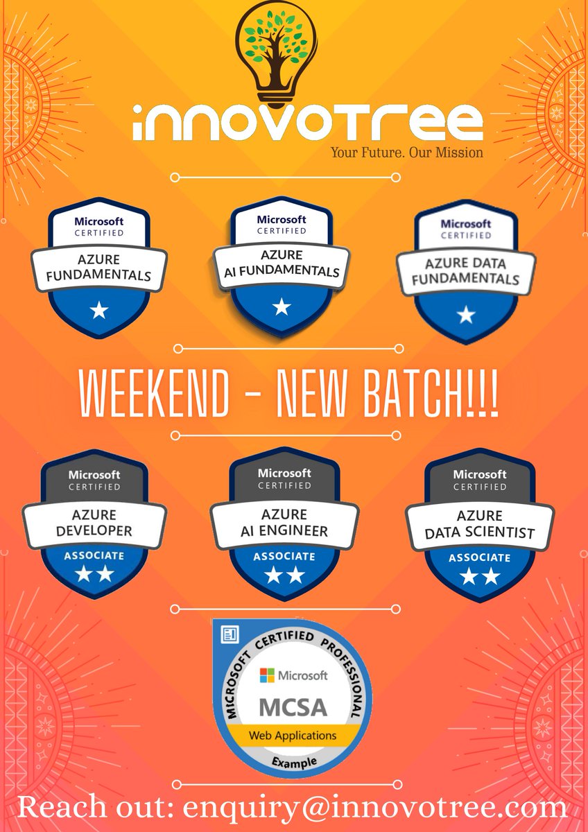 alagunilam's tweet photo. Dear Connections,
Super Excited to announce our New Courses now!
*Special Introductory Discount!
100% Pass Guaranteed!
Register Here:
Fundamental Certifications - https://t.co/5bh25mE59Q
Associate Certifications: https://t.co/9kvGRSiMWT
MCSA - https://t.co/u01ftsICRa
#innovotree https://t.co/42WSNfyXng