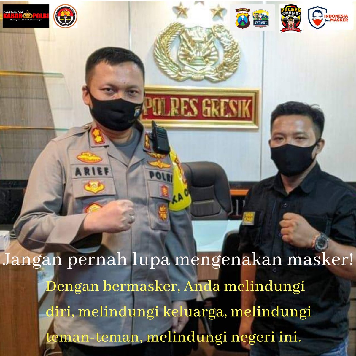 KABARPOLRI1's tweet photo. Jangan pernah lupa mengenakan masker. 

Dengan bermasker, Anda melindungi diri, melindungi keluarga, melindungi teman-teman, melindungi negeri ini.

@DivHumas_Polri 
@HumasPoldaJatim 

#PolriAjakPakaiMasker 
#PakaiMaskerUntukSemua 
#PakaiMaskerJagaJarak 
#akbparieffitrianto https://t.co/XMMoMGAXr2