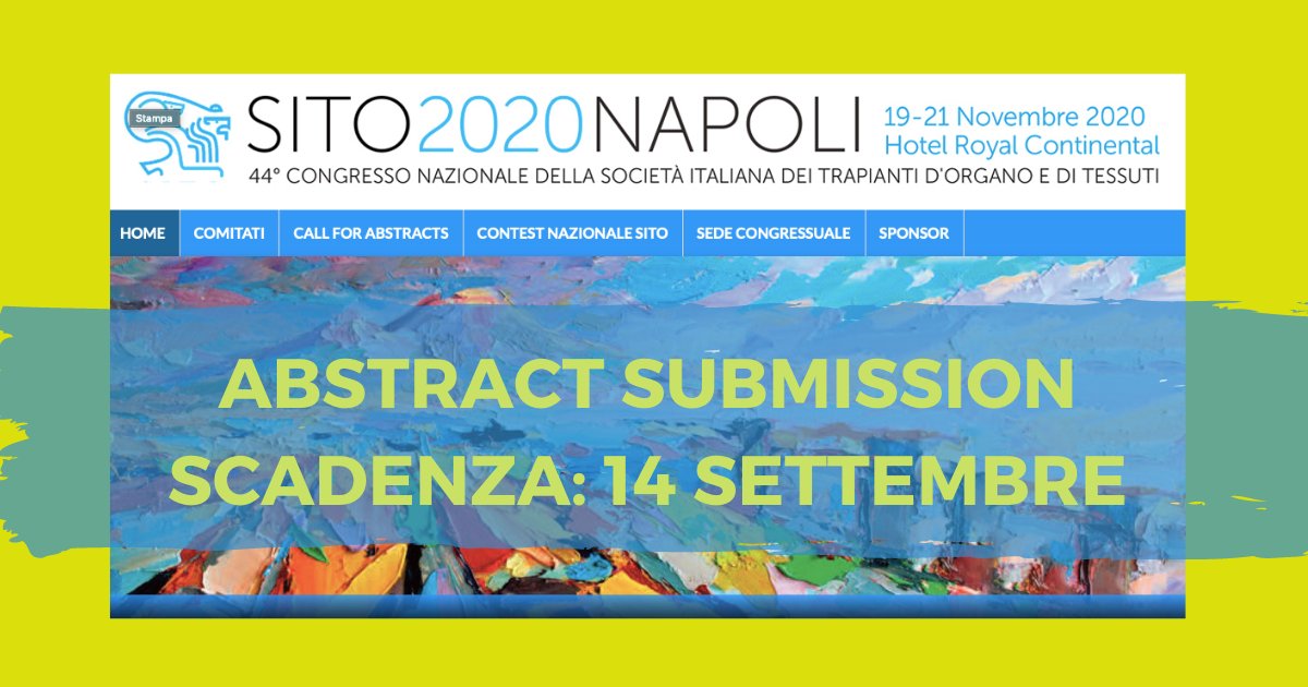 sito_trapianti's tweet photo. ABSTRACT SUBMISSION >>> https://t.co/inP3WxjzKM

‼️NUOVA DEADLINE‼️

14 SETTEMBRE 2020

🔥Originalità
🛠 Metodologia
💡Innovazione

#SITOtransplant #TransplantTwitter https://t.co/TwXm4LRo83