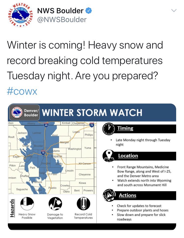 JacquiJerasTV's tweet photo. Nothing like a forecast record high of 100 while being under a winter storm watch!! #GoColorado https://t.co/tZPhGsue6v