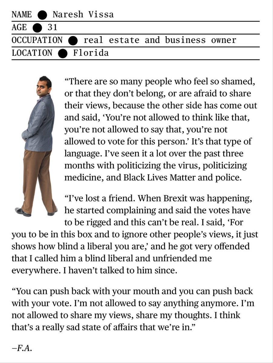 "I'm not allowed to say anything anymore," says man quoted in national magazine, who will vote for Trump because, in today's P.C. climate, you can't even insult people to their face anymore without them unfriending you https://www.bloomberg.com/features/2020-election-voter-profiles/