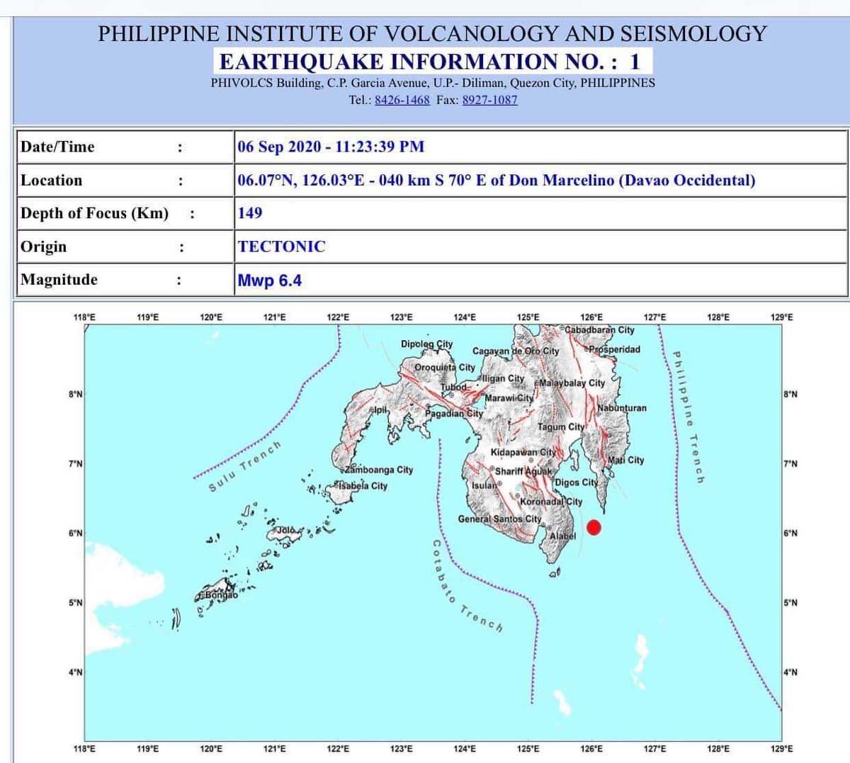 SunStarDavao's tweet photo. #SunStarBreaking 
A magnitude 6.4 earthquake hits Don Marcelino town in Davao Occidental at exactly 11:23 p.m. on Sunday, September 6, 2020.

The tremor was also felt in other parts of Mindanao like Davao Region. 

https://t.co/fQK7EZlAx0

via Phivolcs
#AllYouNeedToKnow https://t.co/NXx6kIE61f