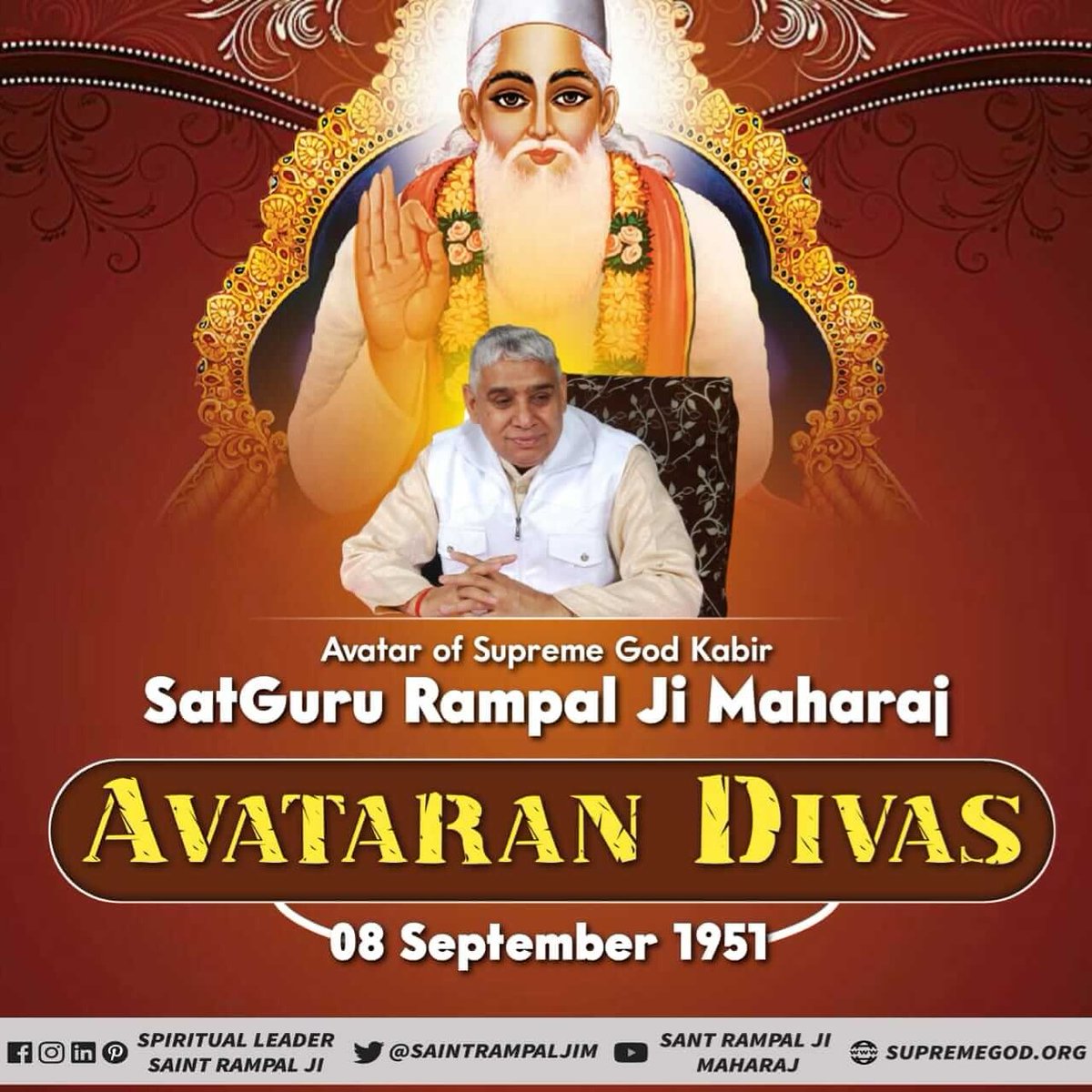 manoramaalone12's tweet photo. #TwoDaysTo_IncarnationDay
A lot of foretellers mentioned about Saint Rampal Ji Maharaj in their prophecies. The birth of Saint Rampal Ji Maharaj took place on 8th September 1951. https://t.co/FGD1oq2hHK