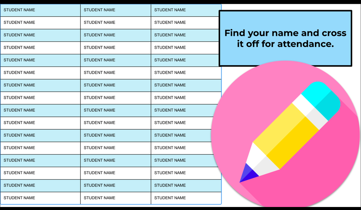 PearDeck's tweet photo. Pear Deck Certified Coach and super-user @historysandoval created these templates to make taking attendance in #PearDeck a piece of cake! 🍰

✏️ Preview the slides and get your copy the Google Slides files here: https://t.co/CERmTHYqTX https://t.co/XWsTf7vrP5