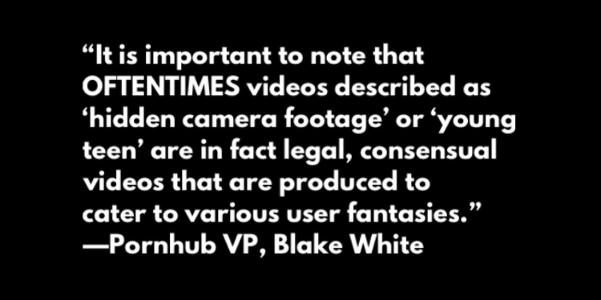 LailaMickelwait's tweet photo. Pornhub said in defense statement that “oftentimes” their videos are not illegal non-consensual videos &amp; child rape—they just appear that way.

Well, “oftentimes” they ARE illegal non-consensual videos &amp; child rape. 

You just incriminated yourself again Pornhub. #Traffickinghub https://t.co/5Og1cFNs2I