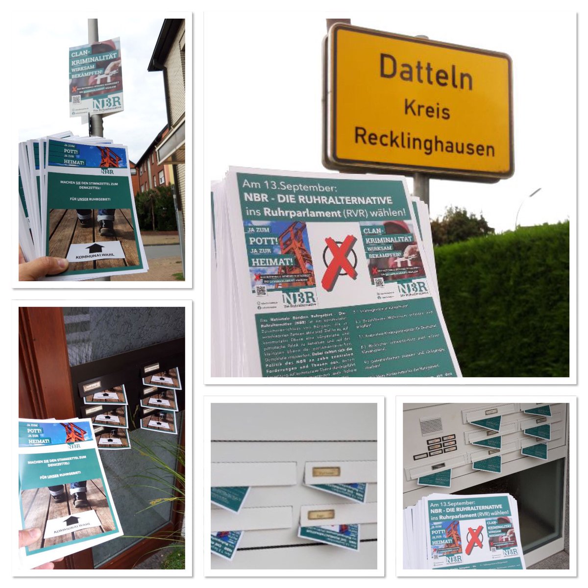ruhralternative's tweet photo. #NBR #Ruhrparlament #RVR: Heute erreichten uns Bilder aus #Datteln, wo Unterstützer das Wochenende dazu nutzen, um unsere Infobriefe zur #Ruhrwahl an die örtlichen Briefkästen zu verteilen. 👍 

Am 13.09.: NBR • Die #Ruhralternative ins Ruhrparlament wählen! 🗳 https://t.co/b2siDhASmI