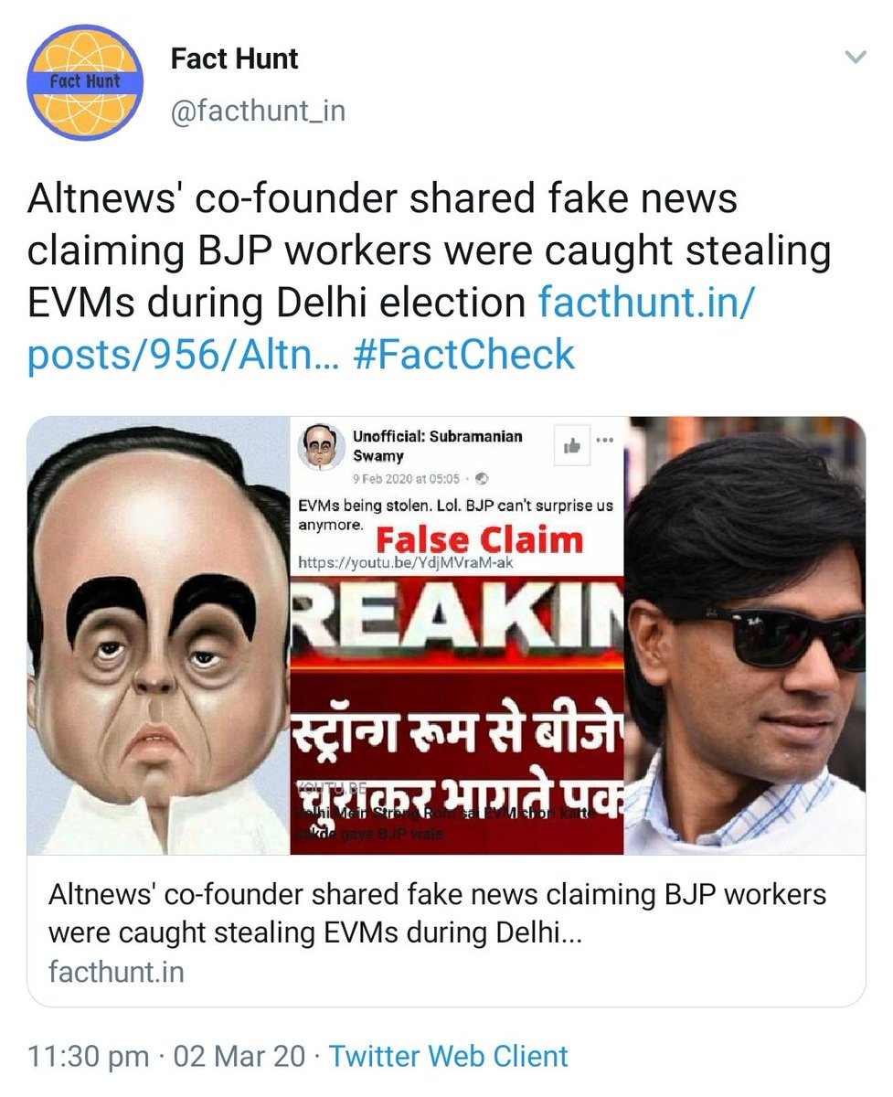 Rasode ka Factchecker  @zoo_bear run page shared fake news of EVMs being stolen.They had to give credit to  @facthunt_in for Fact Checking them. Lol!