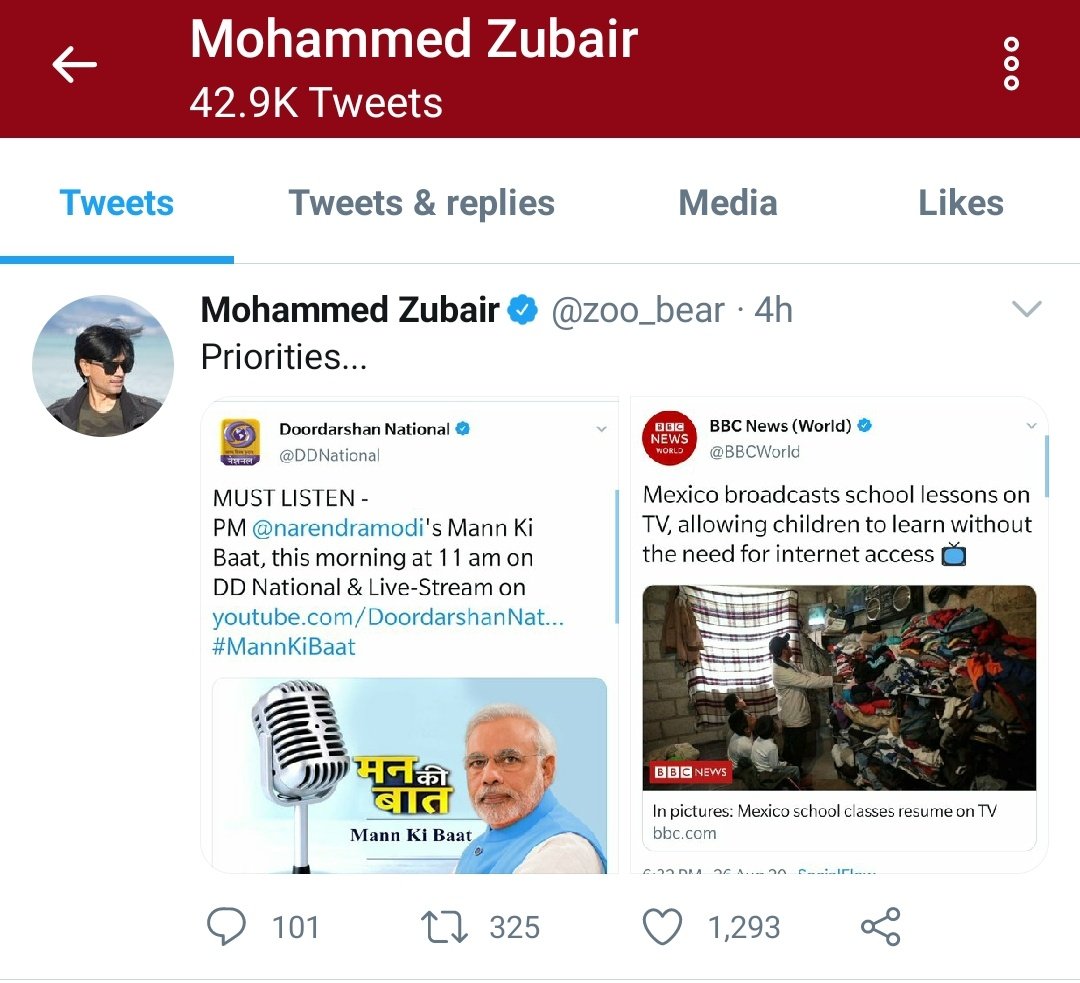 Rasode ka Factchecker  @zoo_bear compared a news if PM Modi's Mann ki Baat to a news of Mexico using TV for teaching.India has been doing it from April.After his lie got caught, he deleted the tweet.Is if fighting fake narratives or Spreading it?