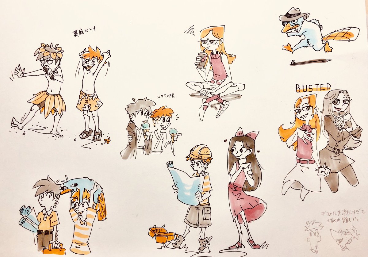 HoneBirb's tweet photo. フィニアスとファーブ見ながら描いたフィニアスとファーブ
(自絵柄に落とし込めて描きたいのに原作の絵柄が独特すぎて、ものすごく描きづらい) https://t.co/VacSnCaEwq