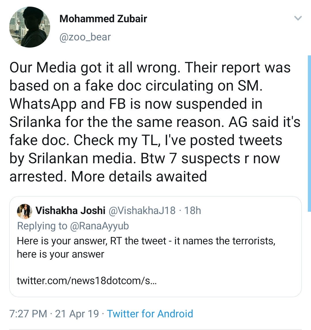 Rasode ka Factchecker  @zoo_bear during Sri Lanka suicide bombings defended Terrorists and instead attacked Indian Journalists calling the letter shared by them as FakeThe letter was CorrectWhy was a Fact Checker so worried about defending Islamic Terrorists?