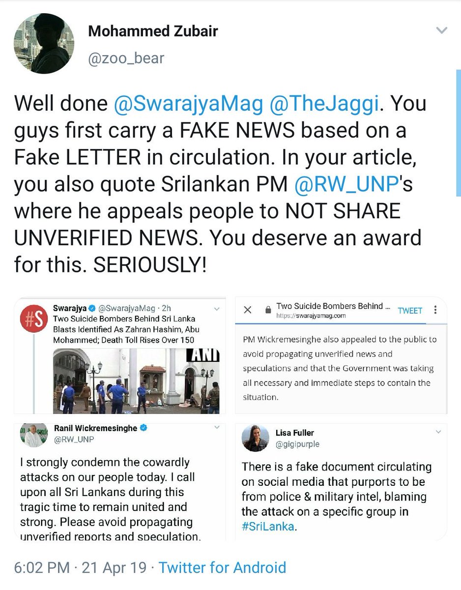 Rasode ka Factchecker  @zoo_bear during Sri Lanka suicide bombings defended Terrorists and instead attacked Indian Journalists calling the letter shared by them as FakeThe letter was CorrectWhy was a Fact Checker so worried about defending Islamic Terrorists?