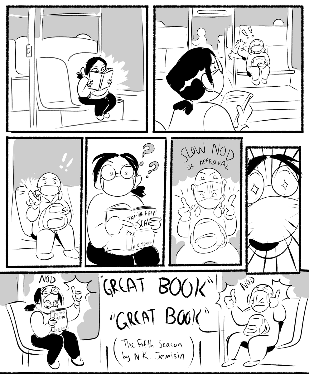 I had a small but nice interaction with a stranger while I was reading on transit this week!! So I drew it