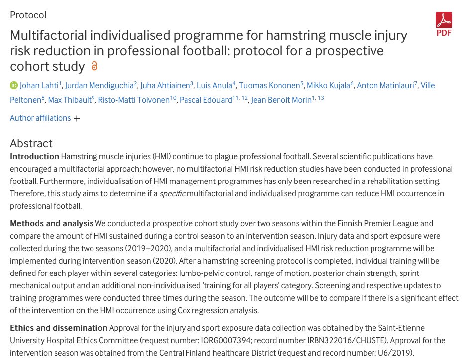 🚨NEW PAPER🚨
Protocol for (really) individualized &amp; multifactorial hamstring prevention in ⚽️, great PhD work by <a href="/lahti_johan/">Johan Lahti, PhD</a> 🔬
Still unresolved issue 💥 at the elite level, this contextualized approach will likely help push things further
Open access: bmjopensem.bmj.com/content/6/1/e0…