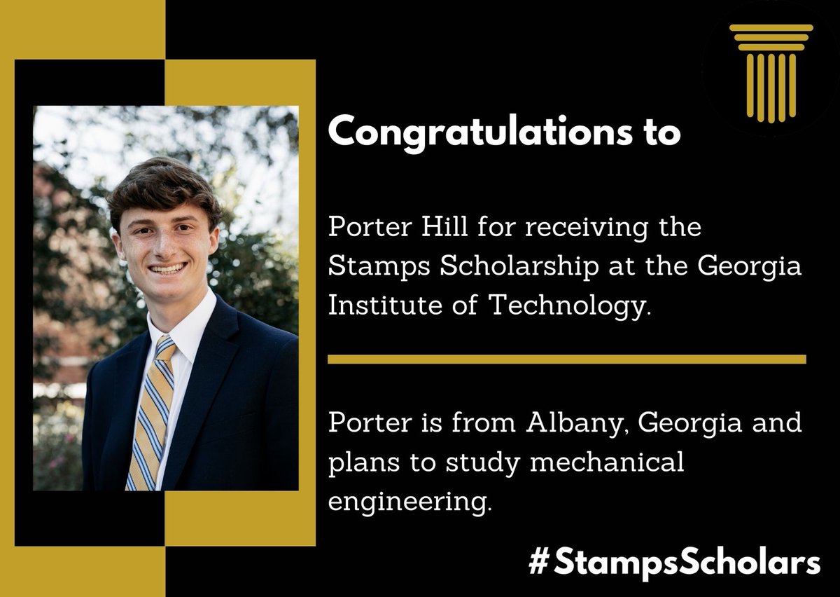 stamps_scholars's tweet photo. Congratulations to incoming @GeorgiaTech #StampsScholar Porter Hill. Porter is from Albany, Georgia and plans to study mechanical engineering. https://t.co/pfVCGDga3r